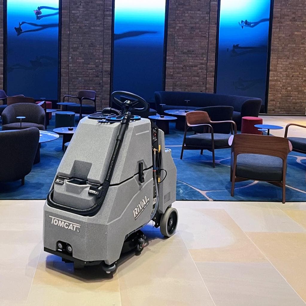 A porcelain tiled lobby is kept clean with the Tomcat Rival stand on floor scrubber.
